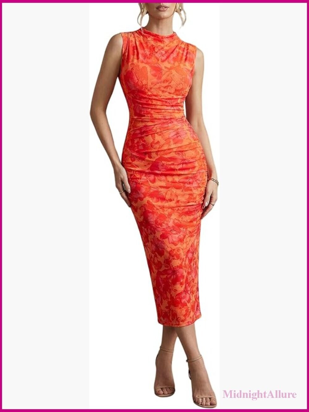 Bodycon Ruched Floral Sleeveless Midi Dress with Mesh Split Thigh